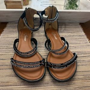 Black strapped sandal with diamond beading